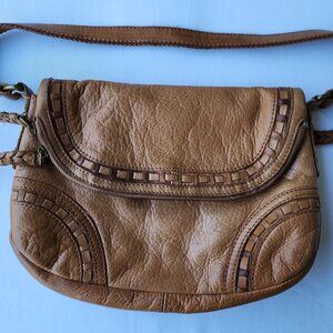 Vintage Lucky Brand Tan/Brown Leather Crossbody Hobo Bag Foldover Purse Handbag